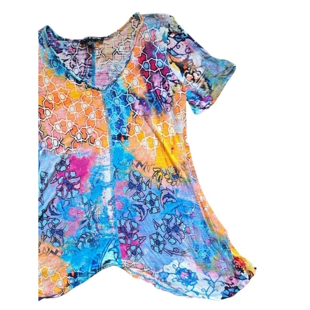 Cable & Gauge Boho Artsy Patchwork Top - Abstract Floral Geometric Print - S